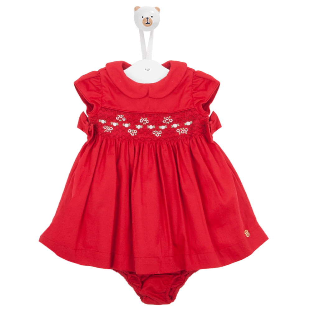 Vestido Bebê Ponto Smock Com Bordado Rococó - Vermelho - paoladavinci-mobile